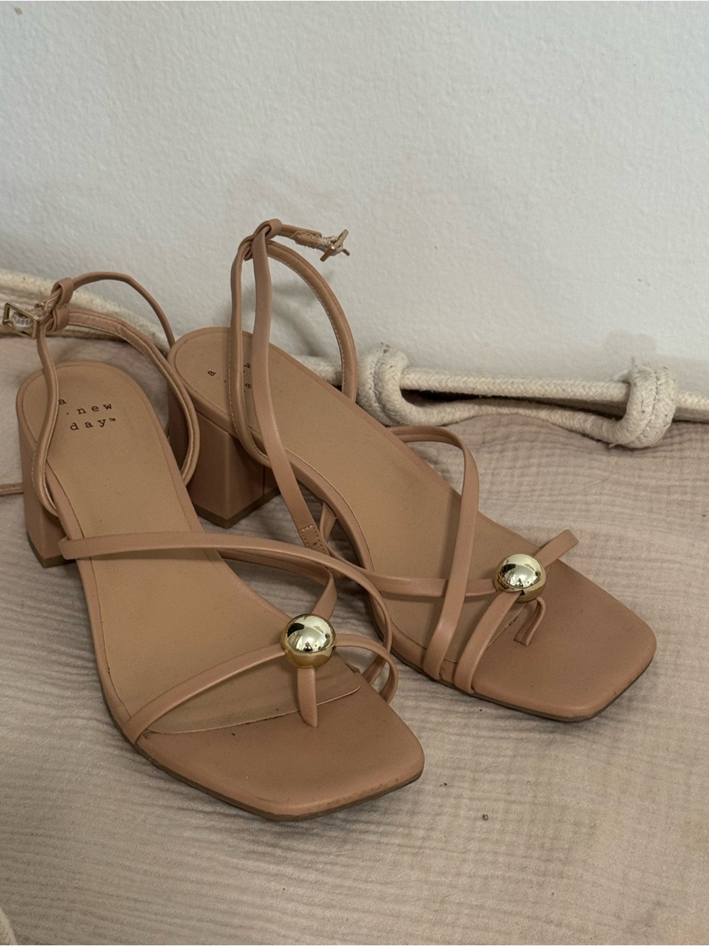 A New Day Nude Strappy Block Heel with Gold Accent - Picture 2 of 4